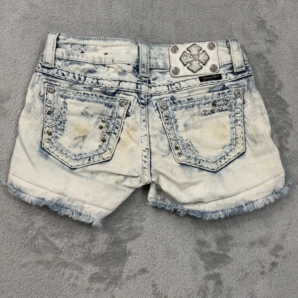 Miss Me Denim Shorts Womens 25 Embellished Studded Low Stretch Denim Y2K Blue